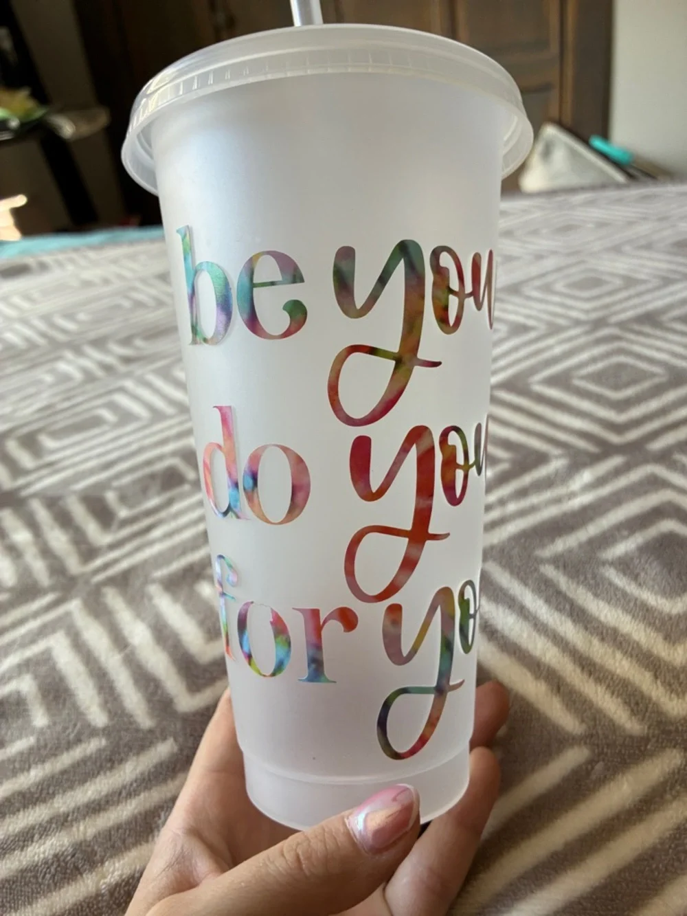 Holographic Script Reusable Frosted Tumbler Cup with Straw - White